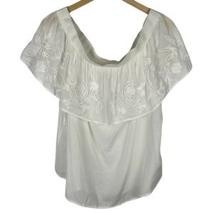 a.n.a Womens Blouse XL White Embroidered Off The Shoulder Cotton Blend Shirt